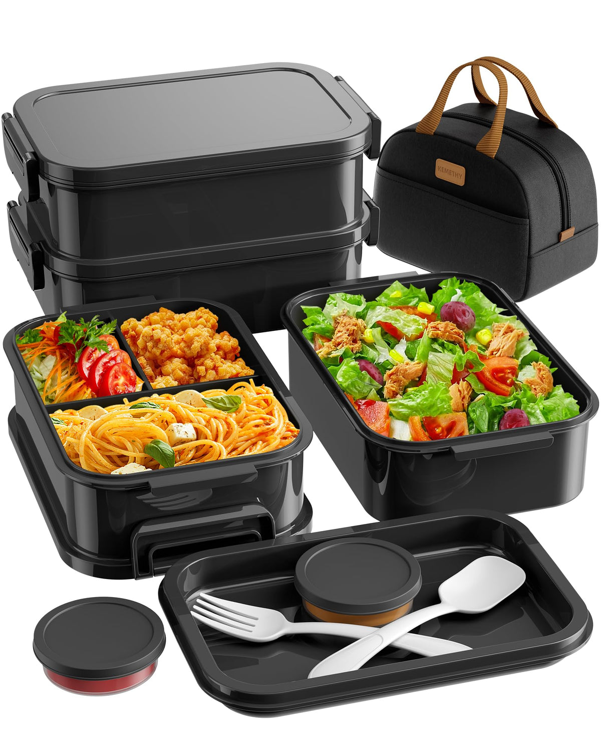 KEMETHY front view showing compact black bento set and thermal bag for convenient carry