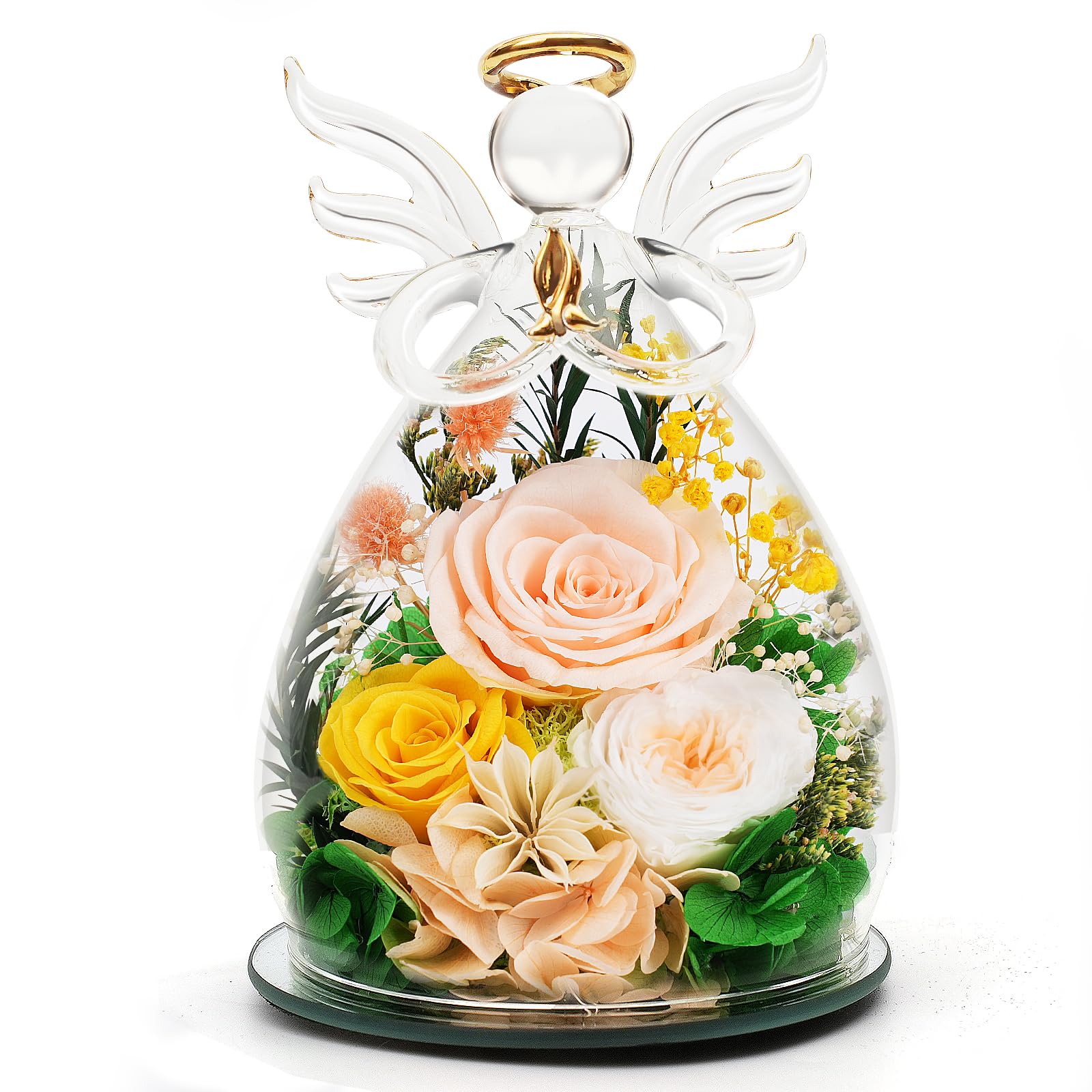 Kemiputi front view glass angel figurine showing preserved rose and dome benefit lasting beauty