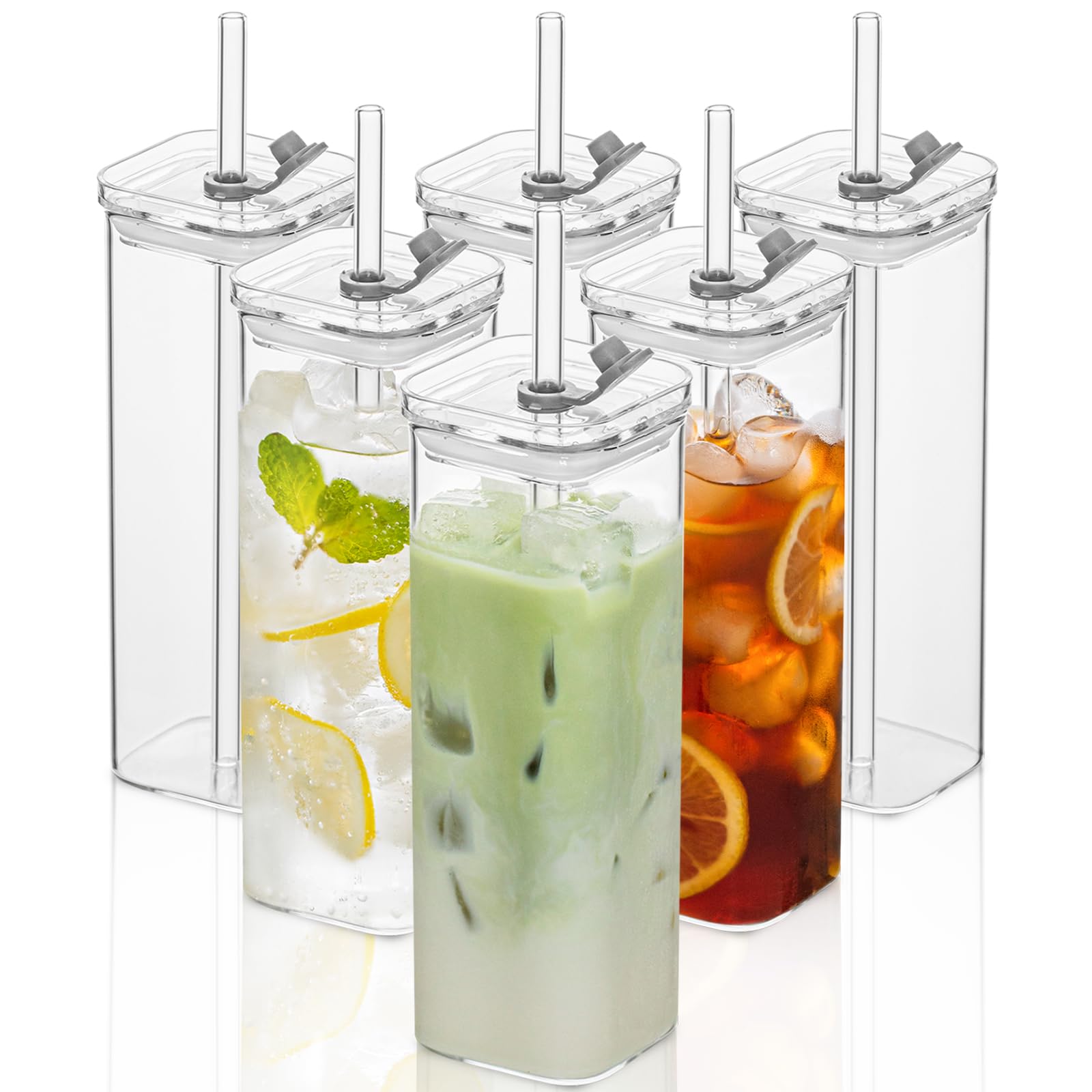 KEMORELA front view of six square glasses showing modern set and clear design benefit