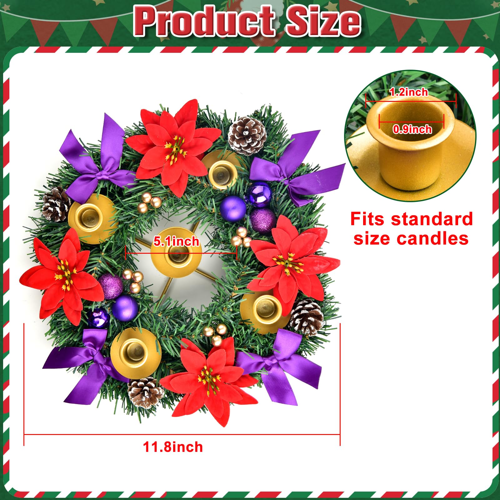 Kenburg wreath decorations close-up featuring red flowers, purple bows and textured ornaments
