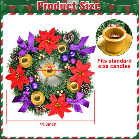 Kenburg wreath decorations close-up featuring red flowers, purple bows and textured ornaments