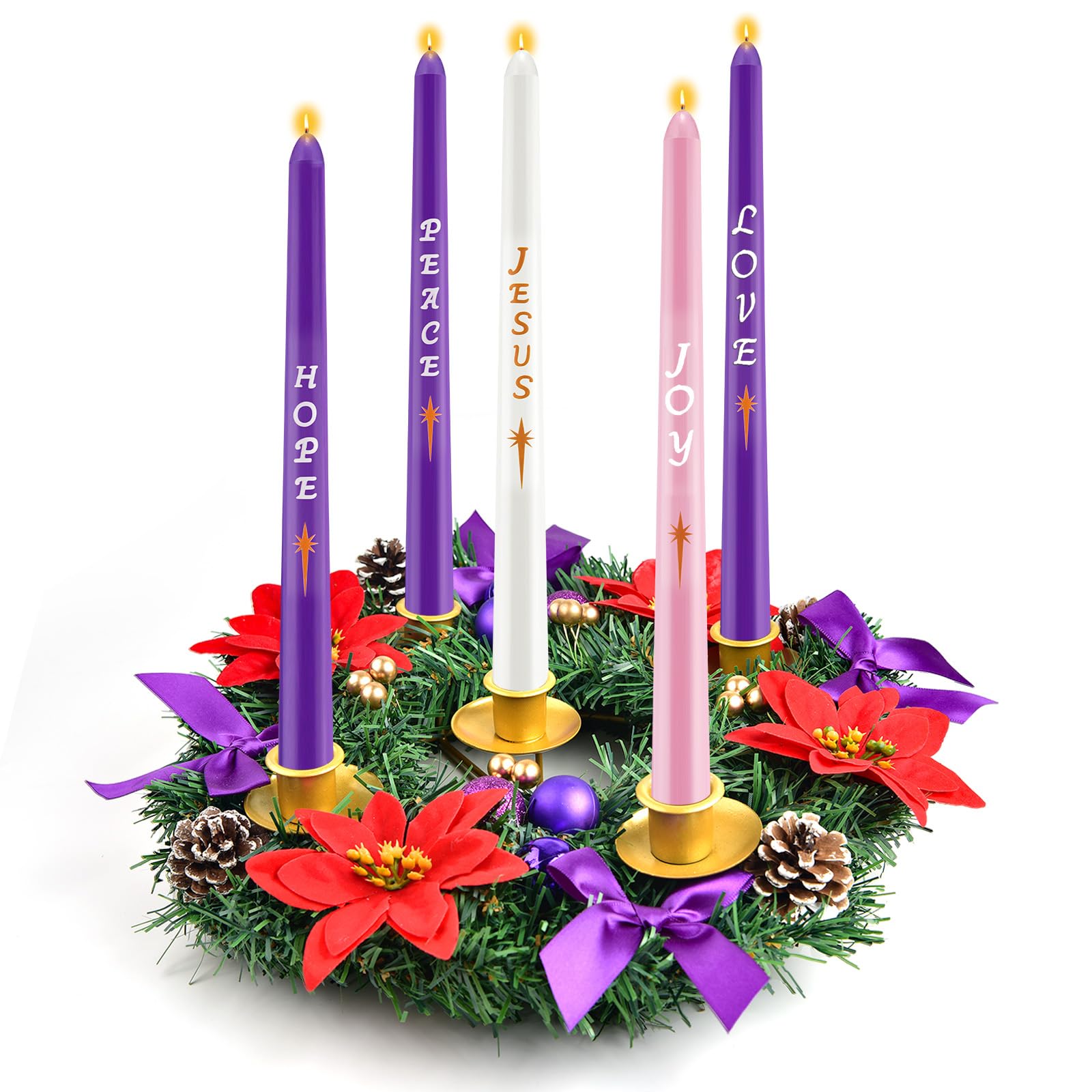 Kenburg wreath front view showing five candle cups and festive decorations for elegant display