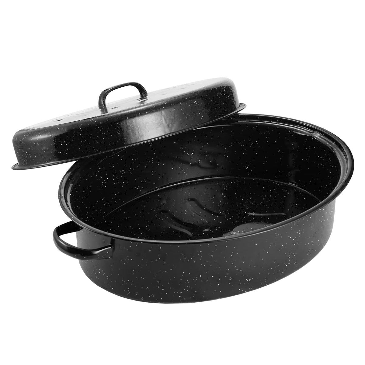Kendane front view of roasting pan showing oval shape and handles, ready to roast