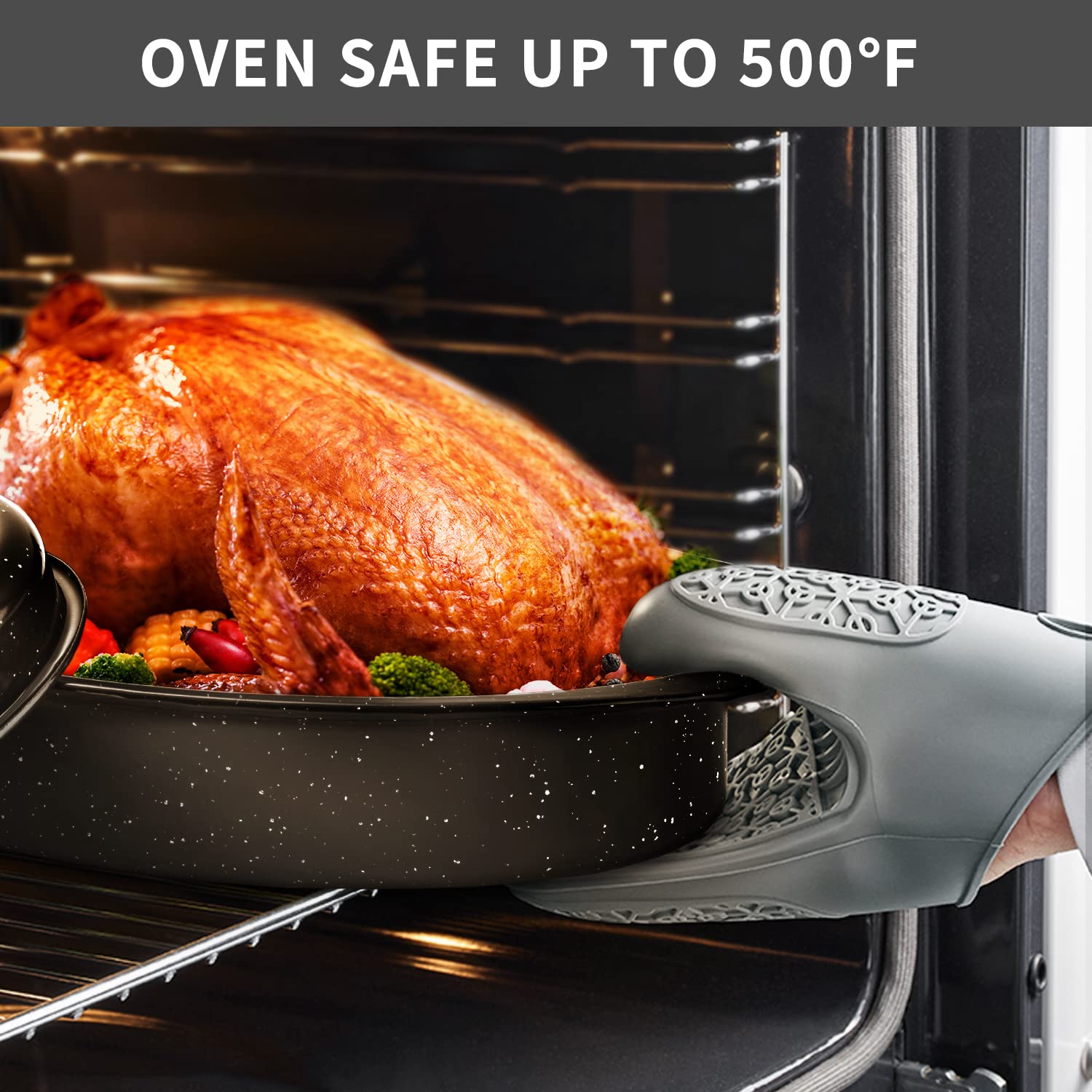 Kendane roasting pan in oven with turkey, demonstrating even heat and juicy results