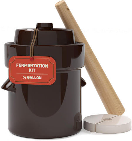 Kenley crock front view showing compact stoneware and lid, ideal for small-batch fermenting