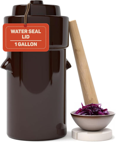 Kenley crock front view showing kit and elegant countertop presence for easy fermenting