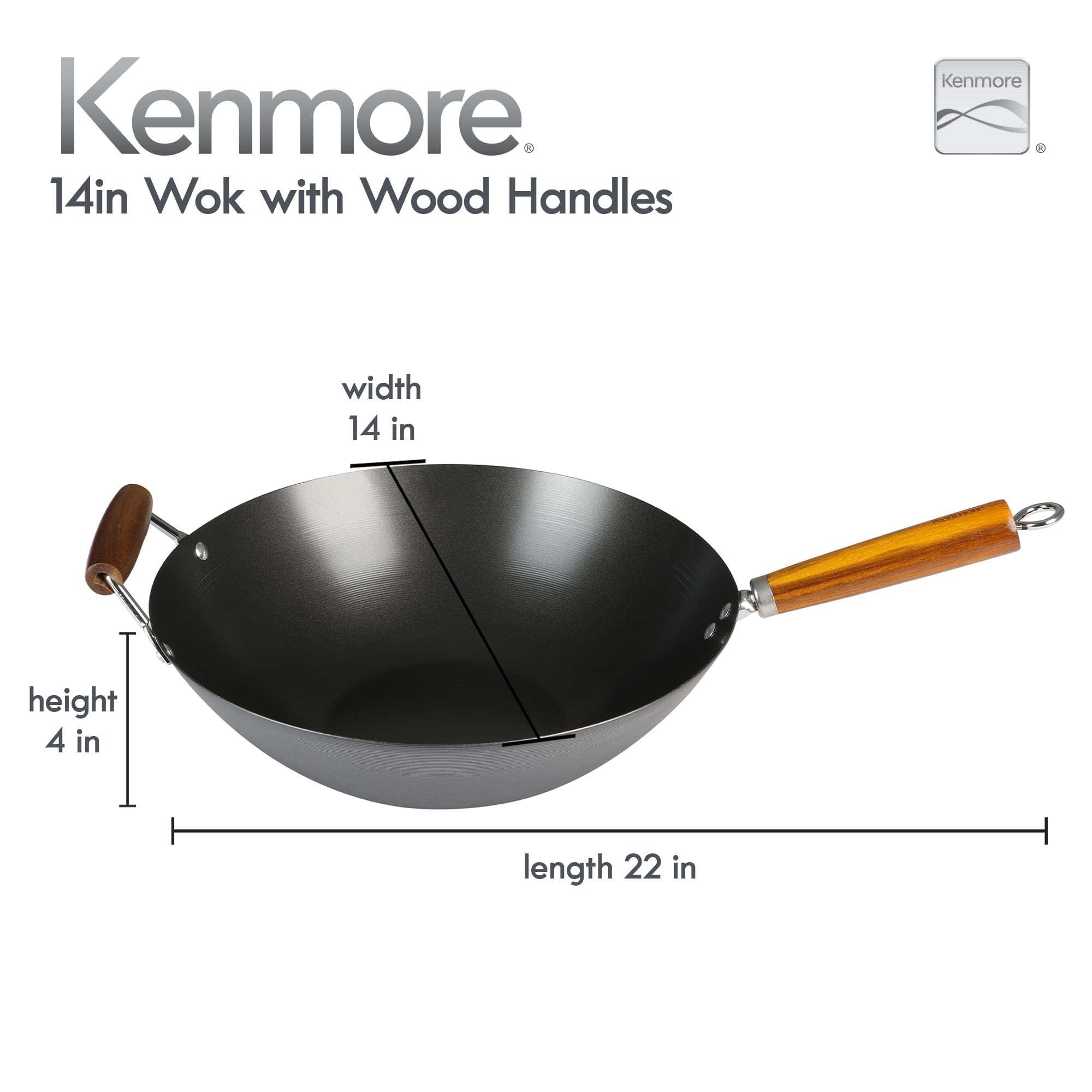 Kenmore Hammond riveted acacia wood handle close-up for secure comfortable grip benefit