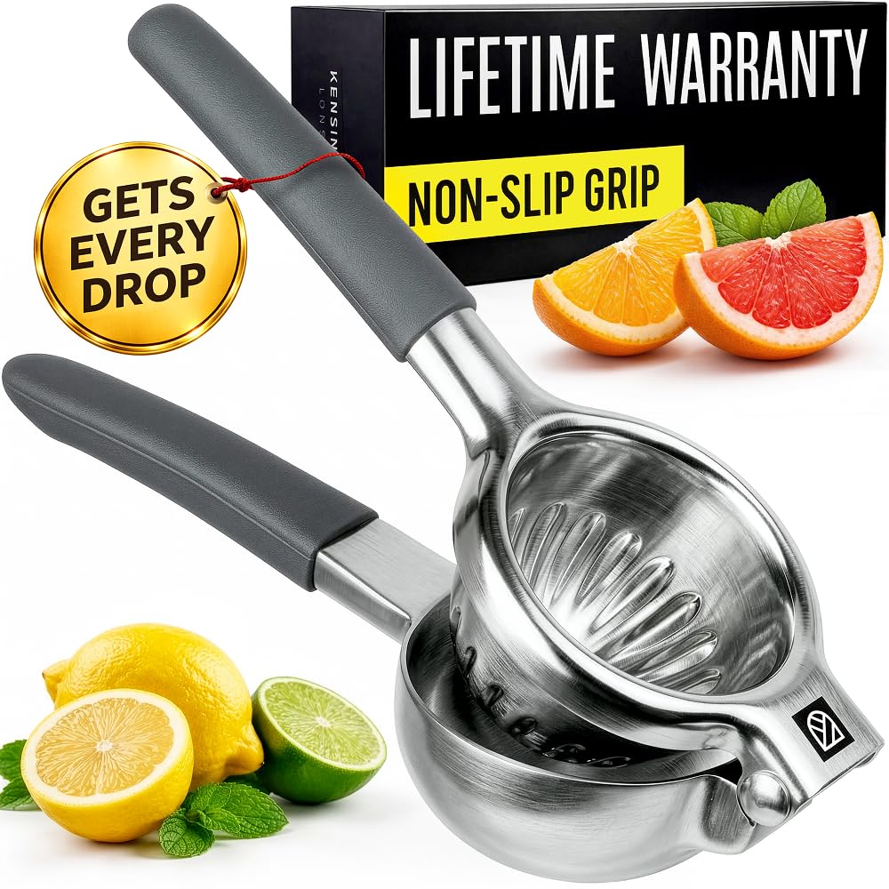 KENSINGTON LONDON front view of stainless steel lemon squeezer showing sturdy frame and cup, durable build