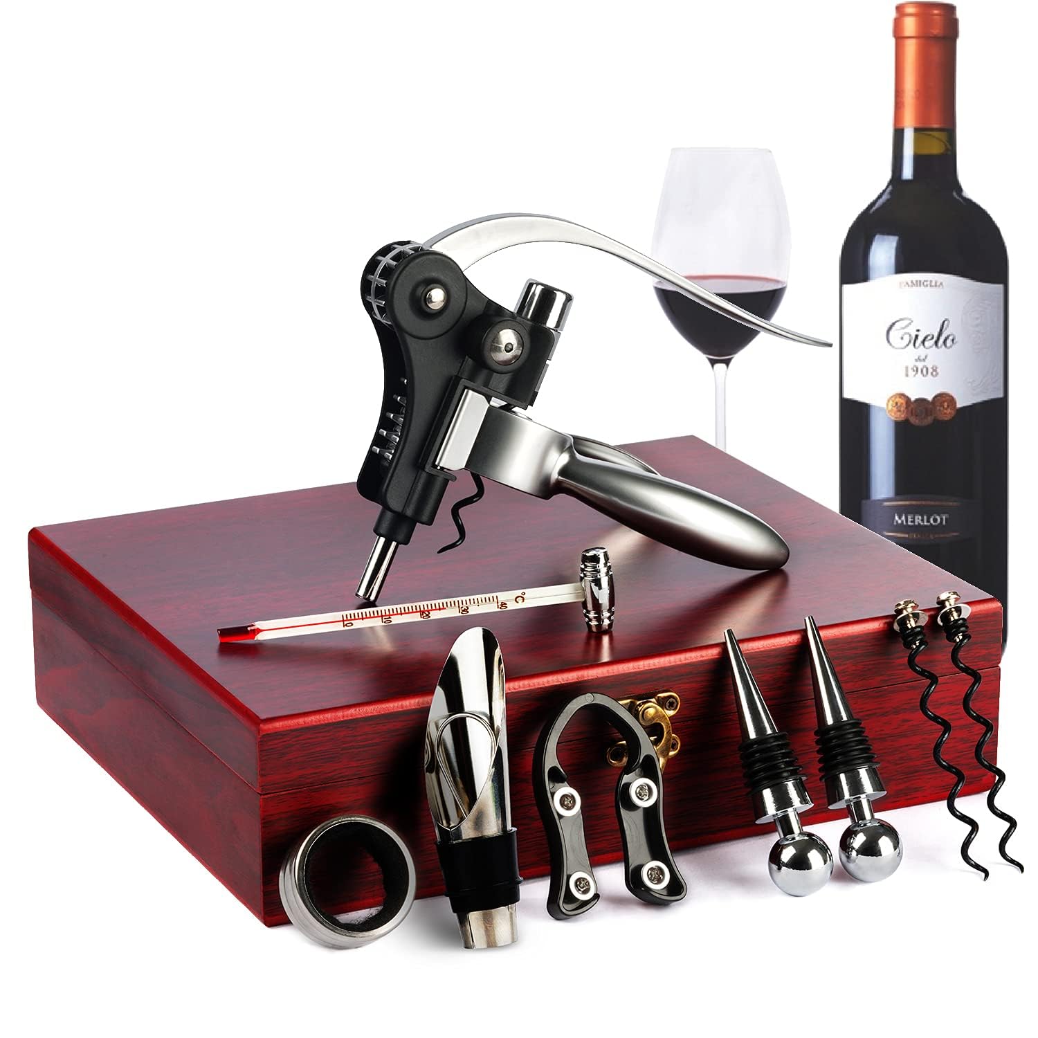 KENSOSO wooden box packaging showcasing the full wine opener set and gift-ready presentation