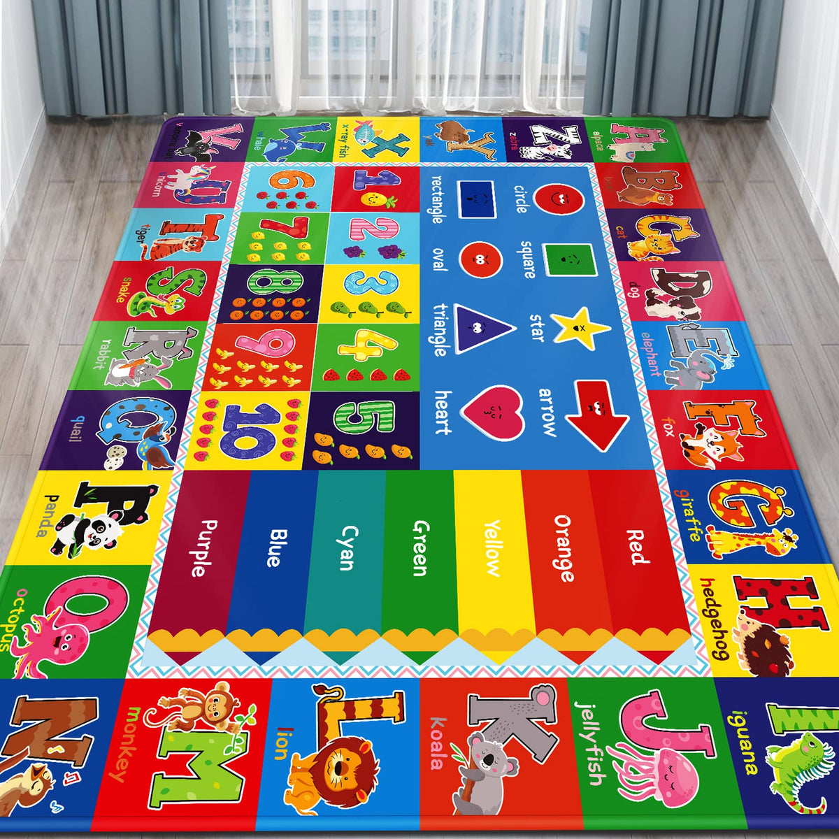 Kentaly front view of educational play rug showing alphabet and colors benefit learning