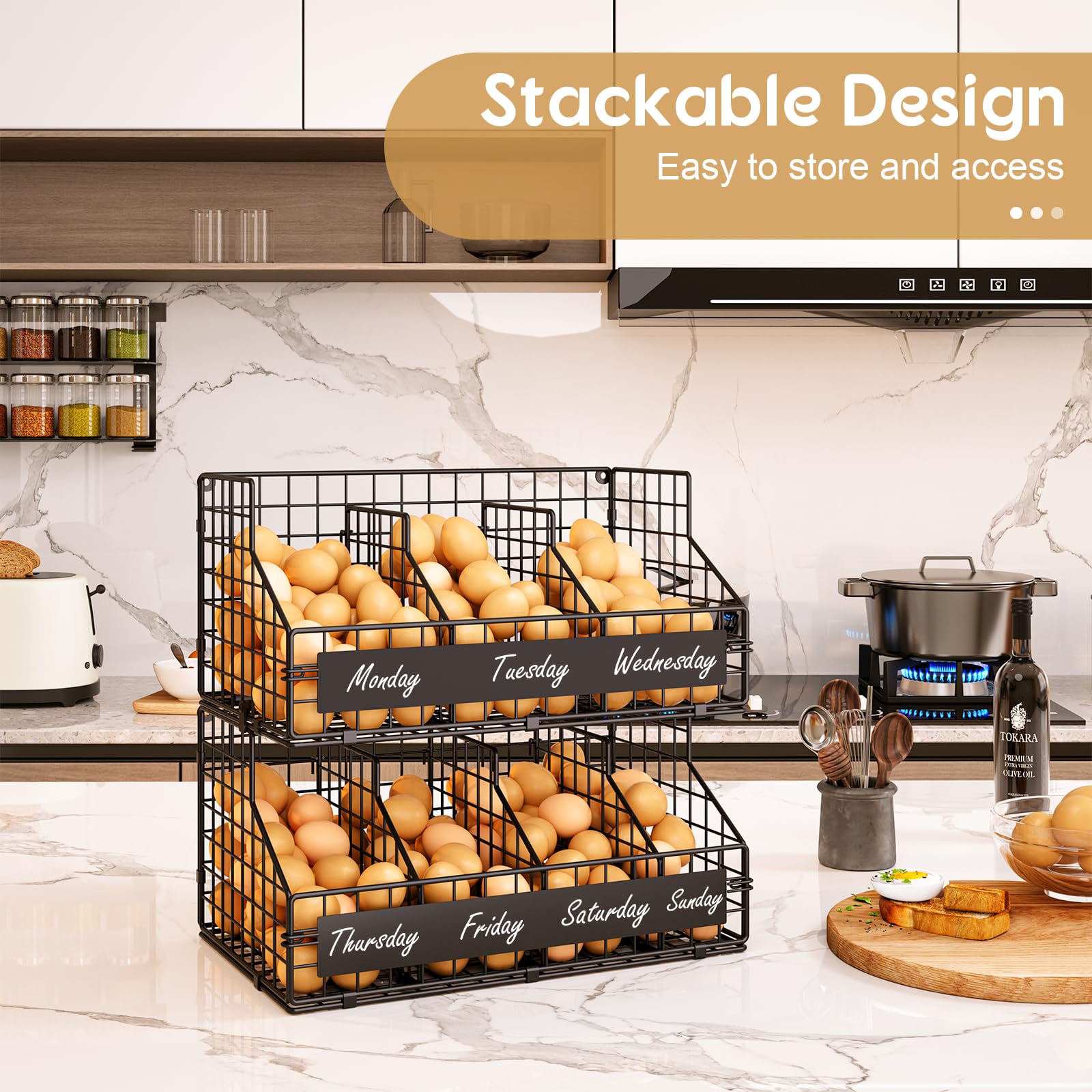 keomaisyto filled rack with eggs and fruit showing versatile storage and display use