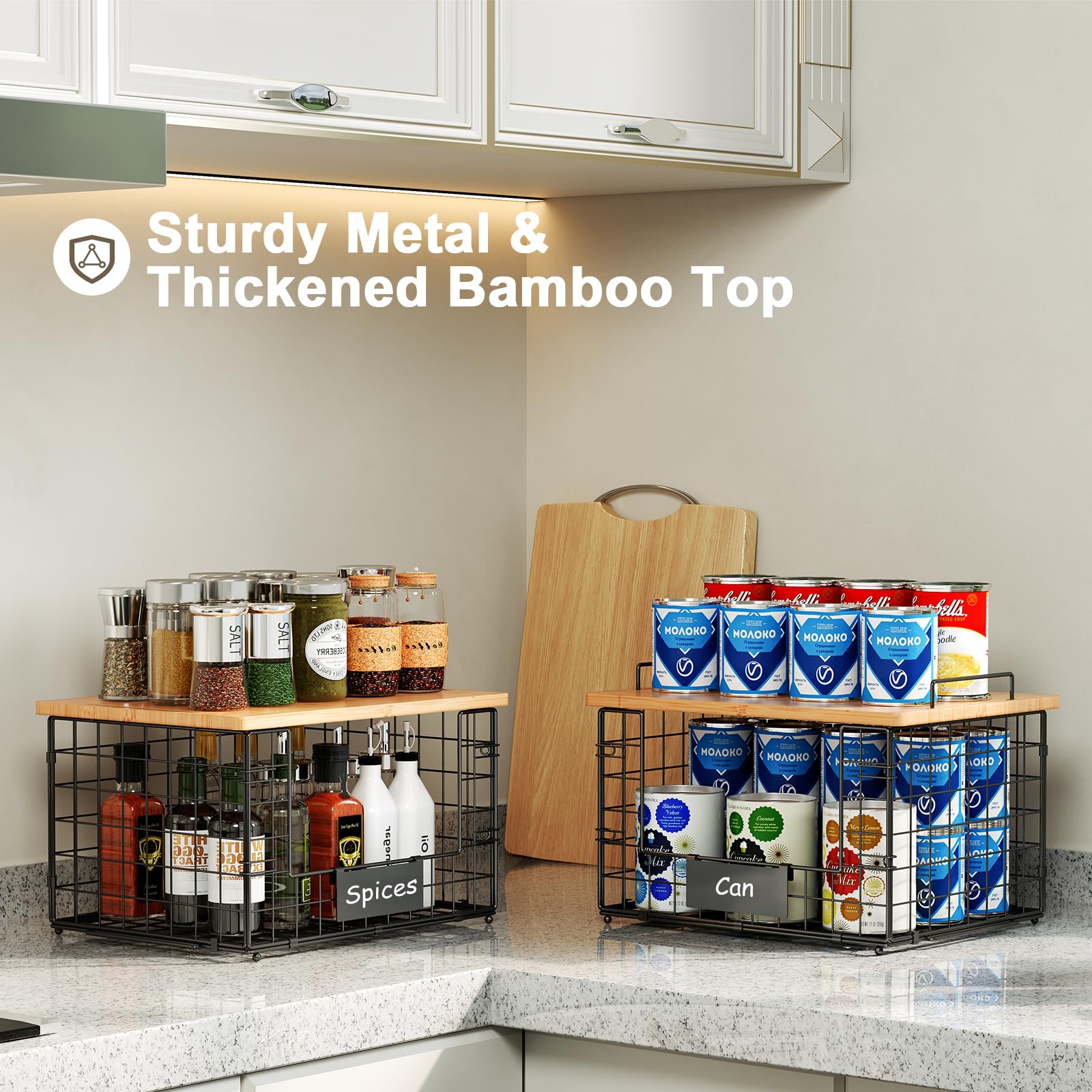 keomaisyto baskets styled on breakfast counter for tidy organization