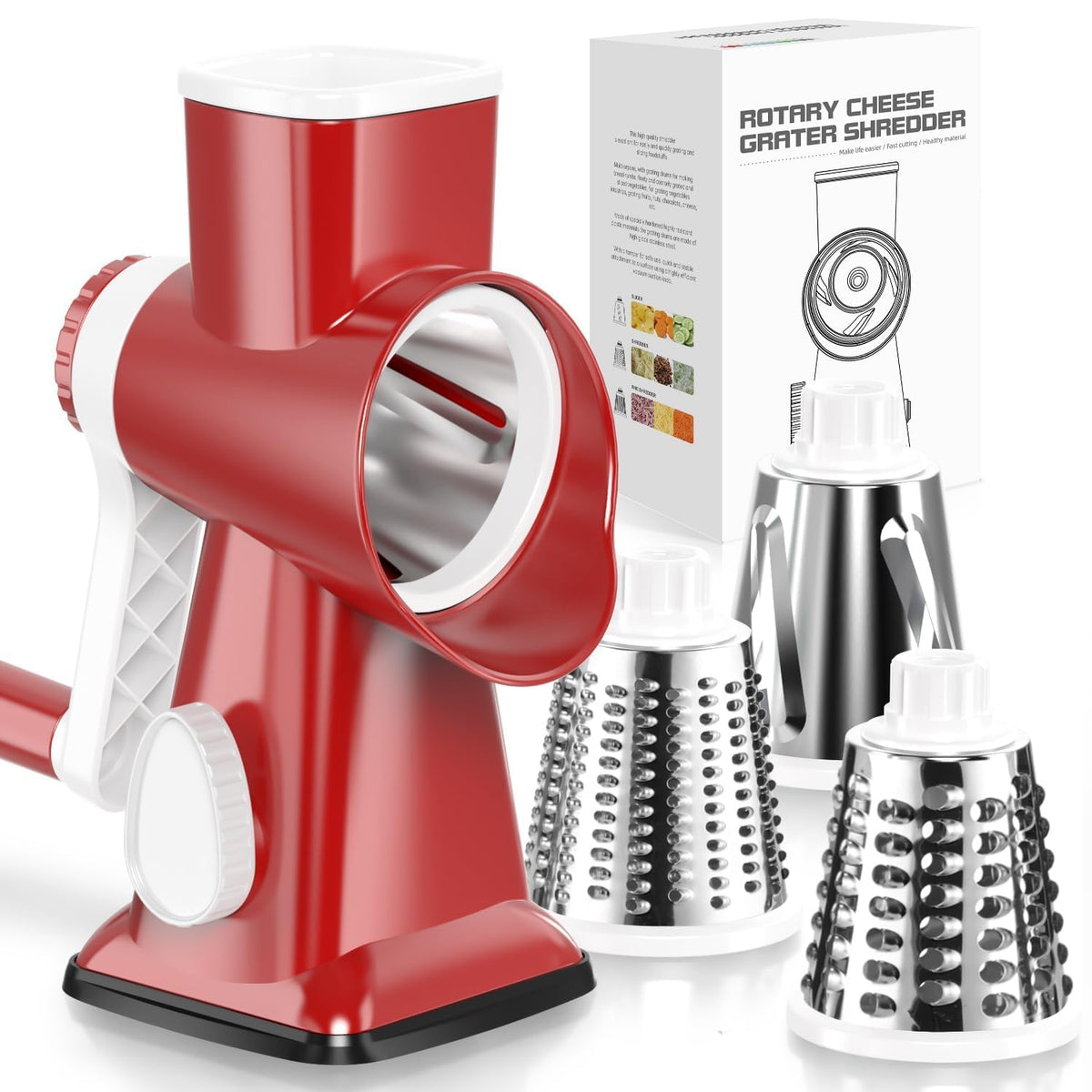 KEOUKE front view of red rotary grater showing compact design and quick prep benefit