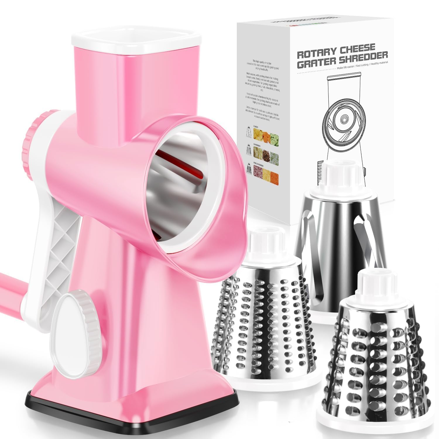 KEOUKE front view of pink rotary grater showing overall compact design and benefits