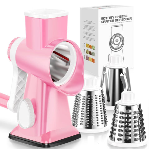 KEOUKE front view of pink rotary grater showing overall compact design and benefits