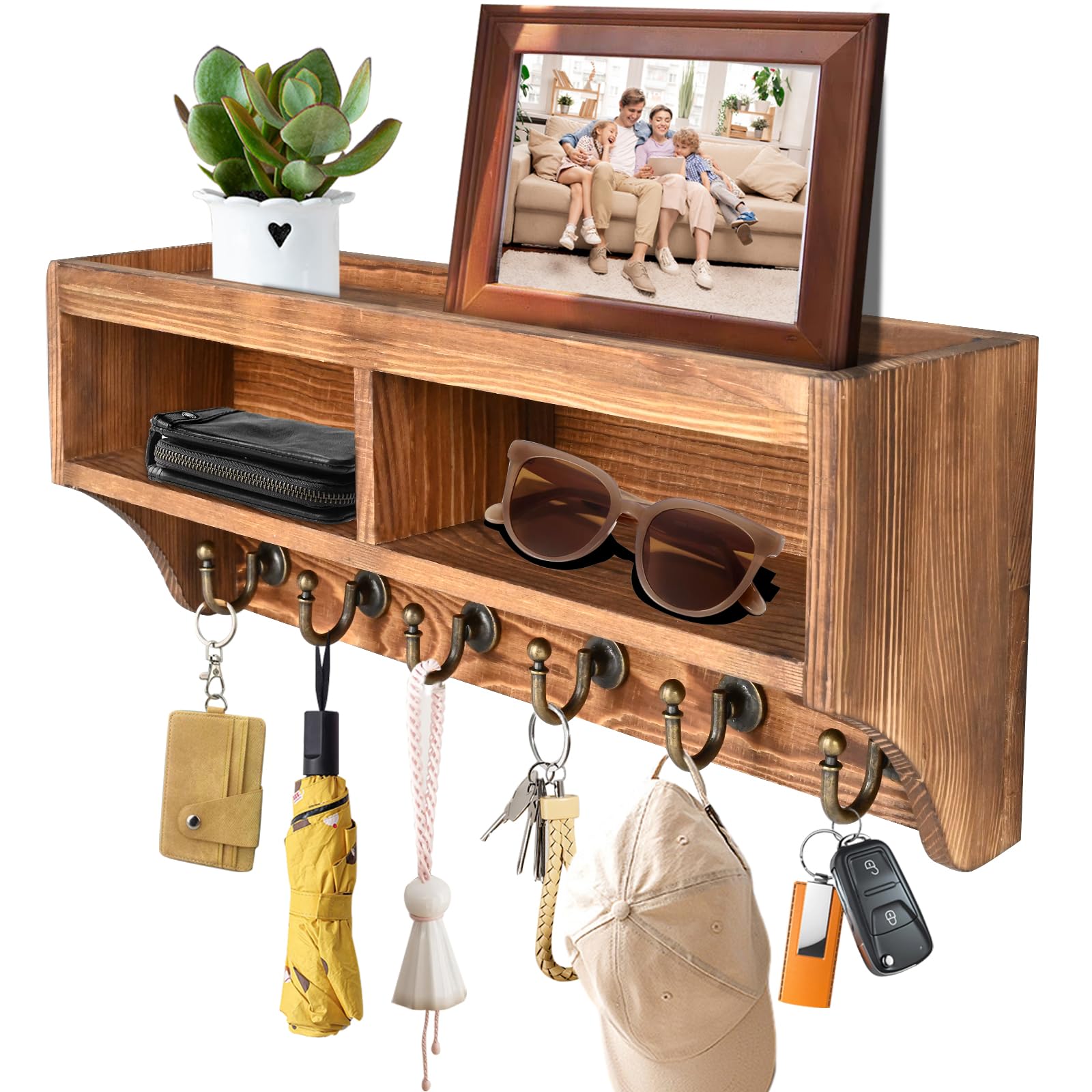 KERESUEDO front view of brown wall-mounted key holder showing hooks and shelf for organized entryways
