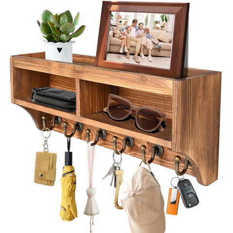KERESUEDO front view of brown wall-mounted key holder showing hooks and shelf for organized entryways