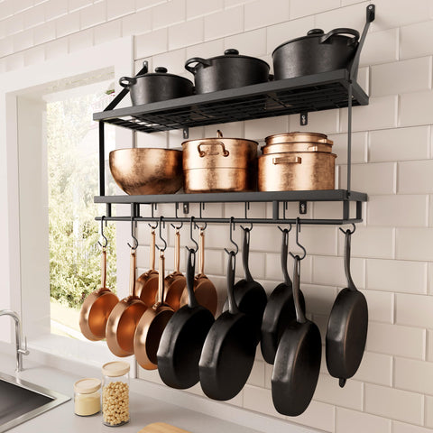 KES front view of 30-inch pot rack showing full two-tier design and hooks for organized storage