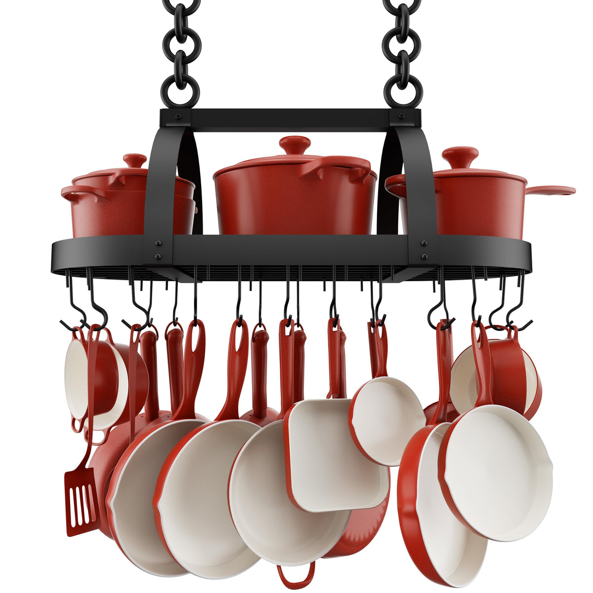 KES ceiling pot rack front view showing organized storage and space savings