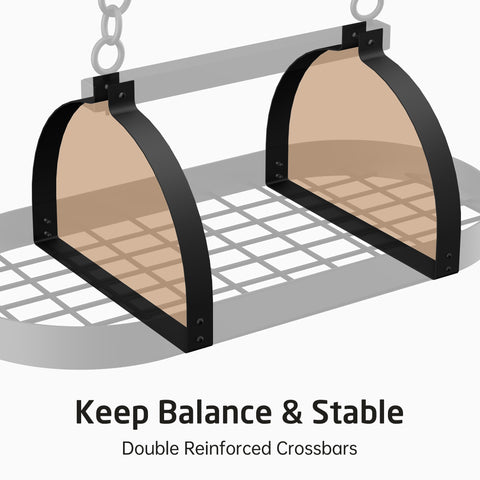KES pot rack hanging with pans above island illustrating easy access benefit