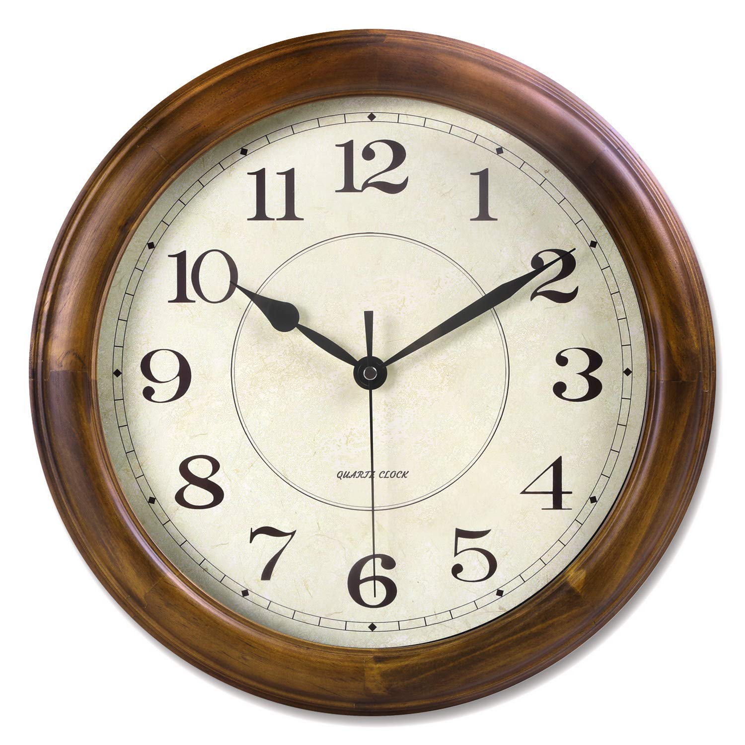 Kesin front view of wood wall clock showing clear numerals and easy reading
