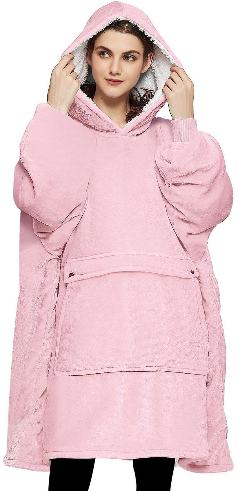 KFUBUO front view pink hoodie blanket showing full fit and warmth