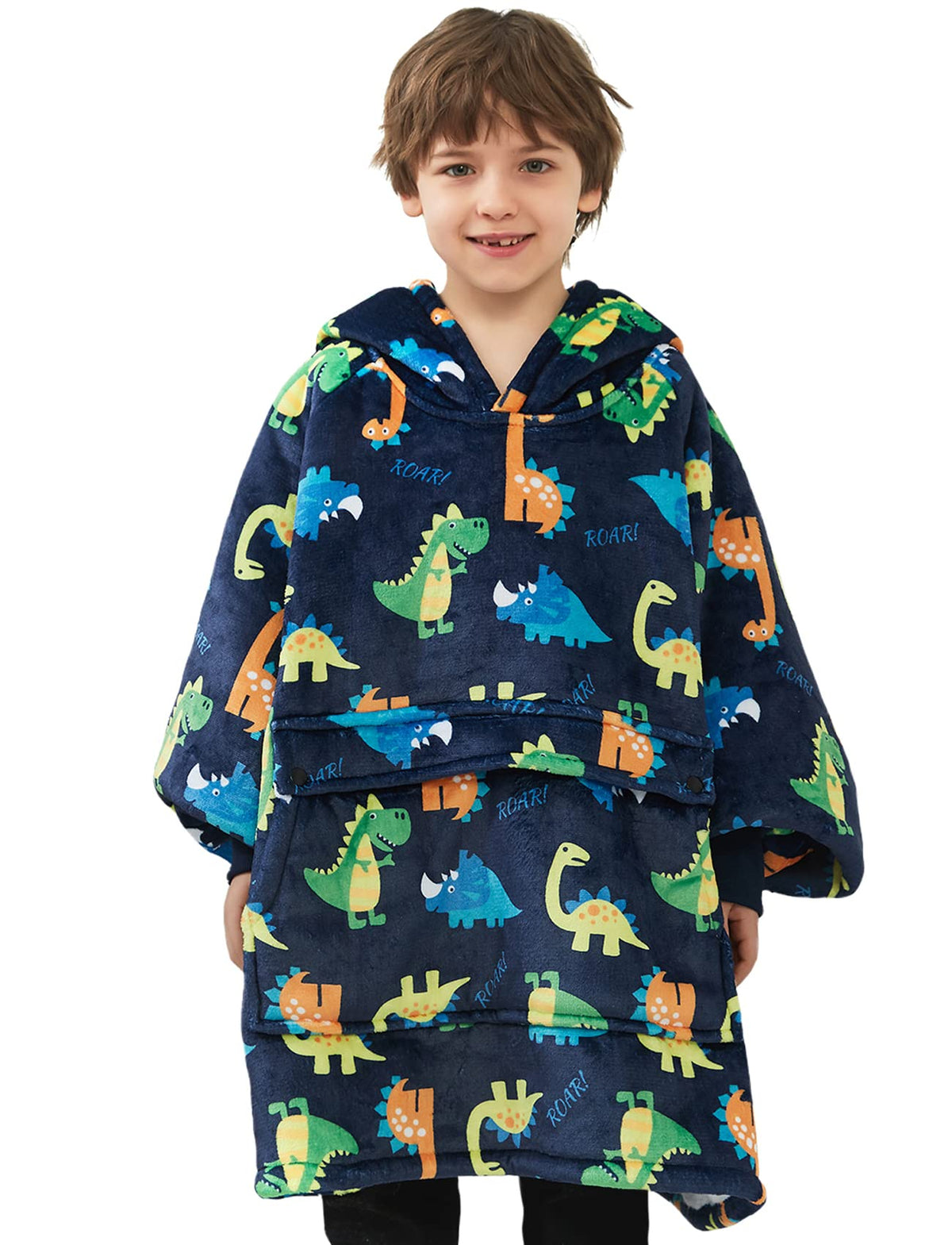 KFUBUO front view of hoodie blanket showing dinosaur pattern and fit benefit warmth