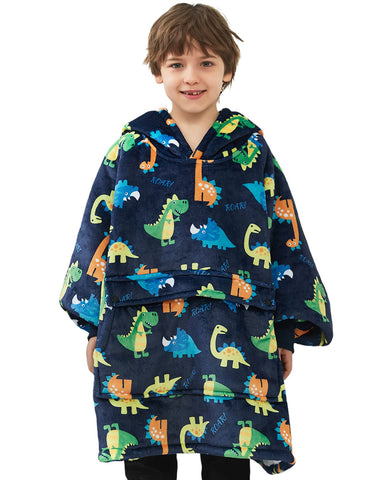 KFUBUO front view of hoodie blanket showing dinosaur pattern and fit benefit warmth