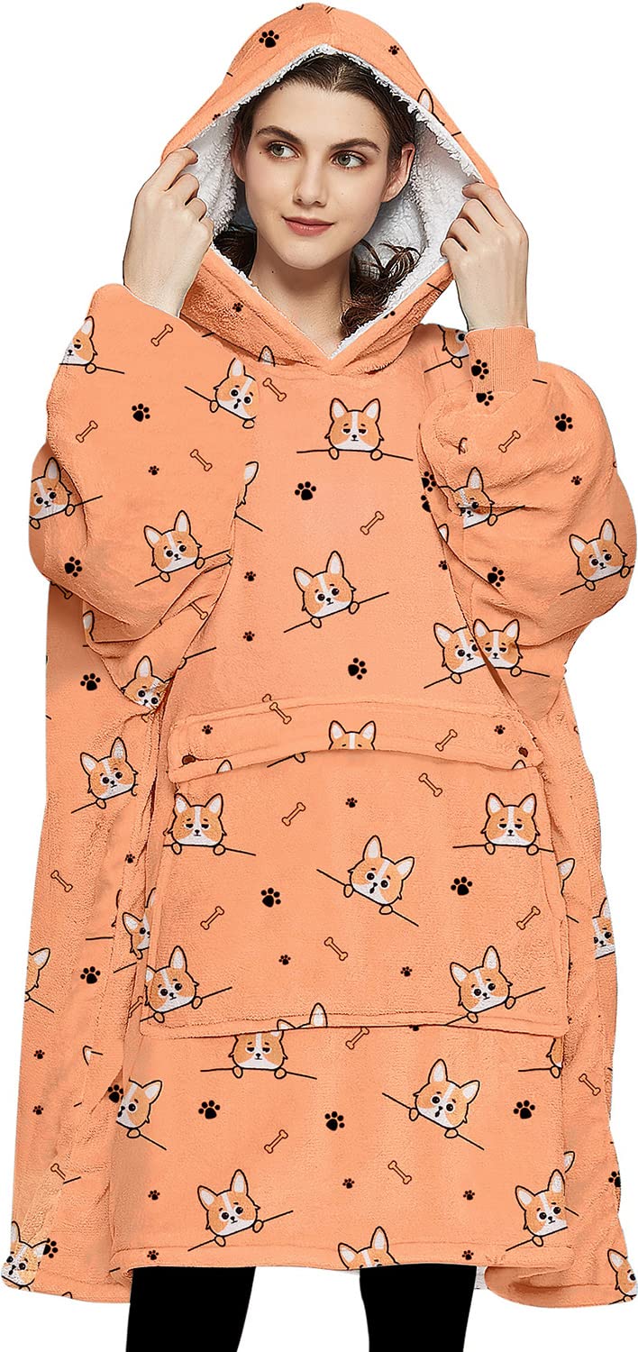 KFUBUO front view of corgi hoodie showing roomy fit and playful design benefits warmth