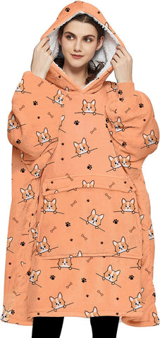 KFUBUO front view of corgi hoodie showing roomy fit and playful design benefits warmth