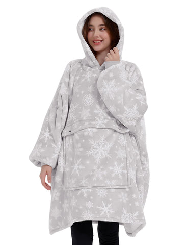 KFUBUO front view of wearable blanket hoodie showing full snowflake pattern and coverage