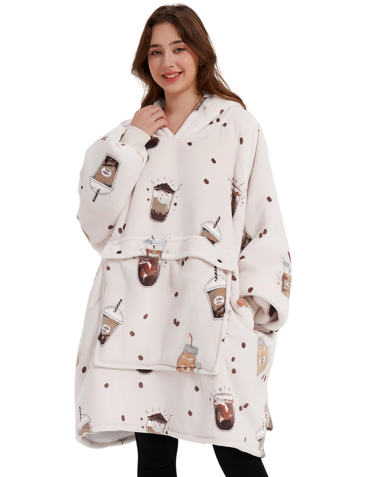 KFUBUO front view milk tea color showing oversized cozy fit and pocket benefit