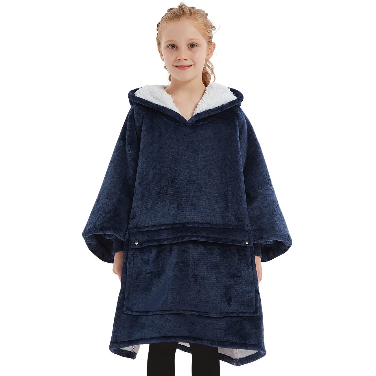 KFUBUO front view navy hoodie blanket showing roomy fit and comfort