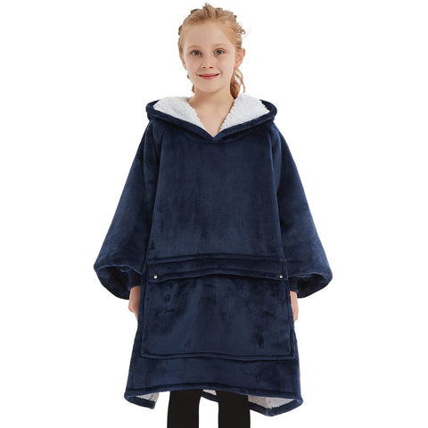 KFUBUO front view navy hoodie blanket showing roomy fit and comfort