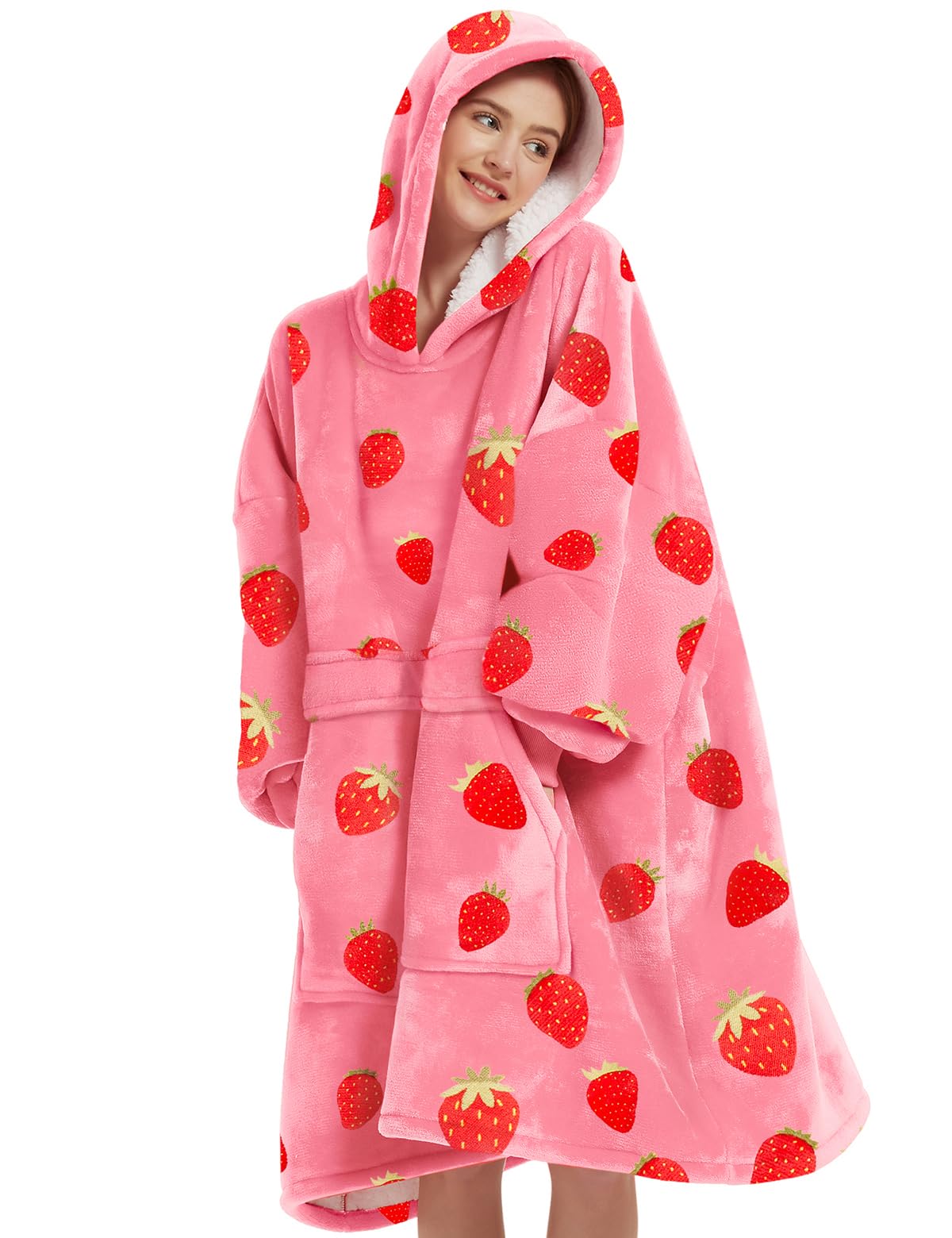 KFUBUO front view strawberry hoodie showing cozy oversized fit and warmth