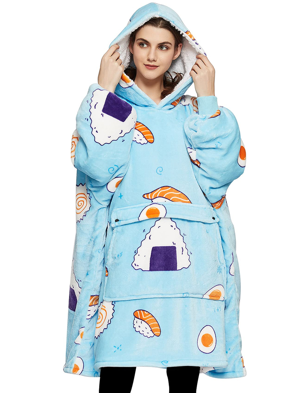 KFUBUO front view sushi hoodie showing oversized fit and warmth