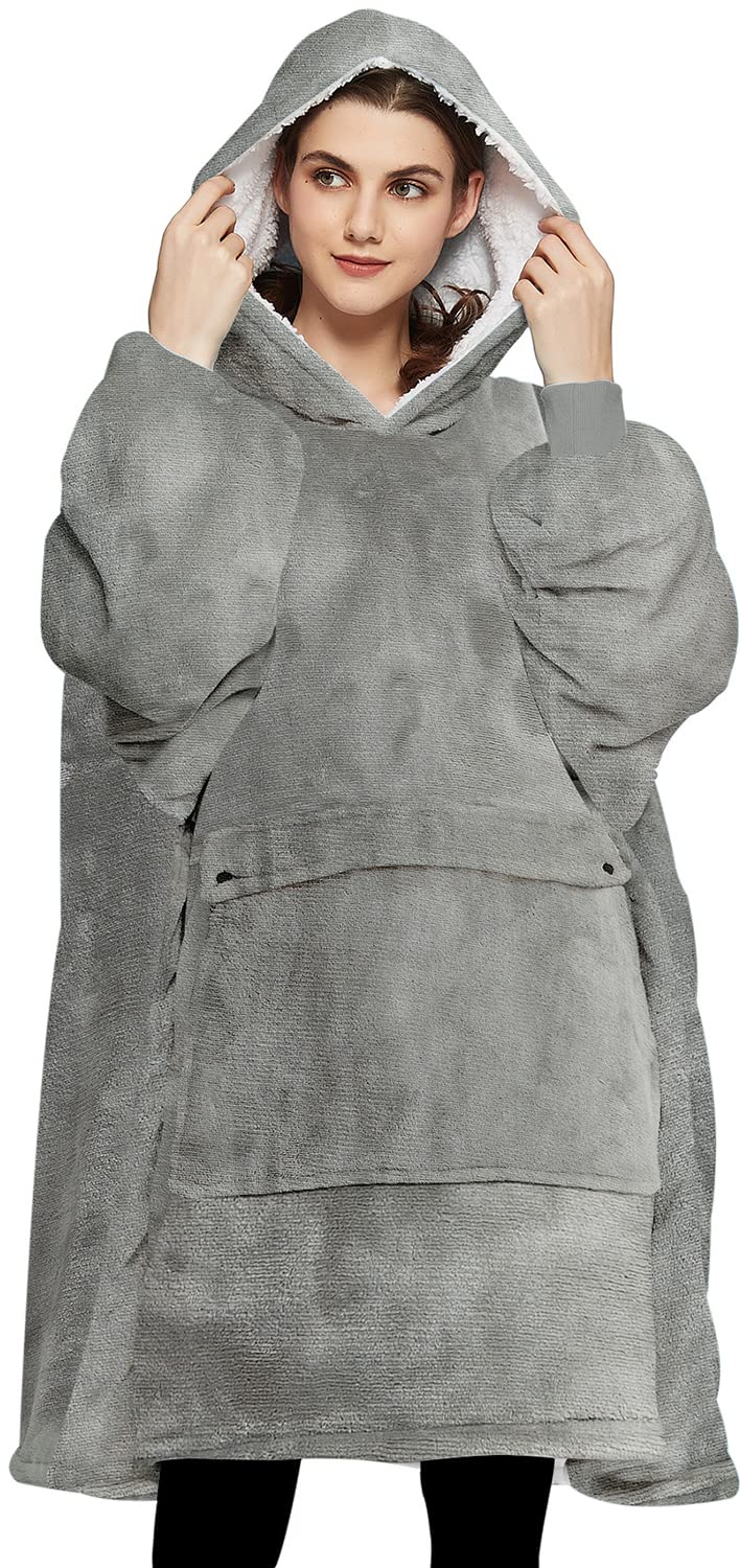 KFUBUO front view of grey wearable blanket hoodie showing full oversized fit and coverage