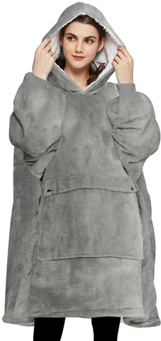 KFUBUO front view of grey wearable blanket hoodie showing full oversized fit and coverage