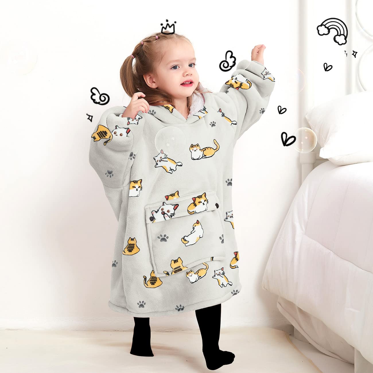 KFUBUO child wearing blanket hoodie while lounging showing easy movement