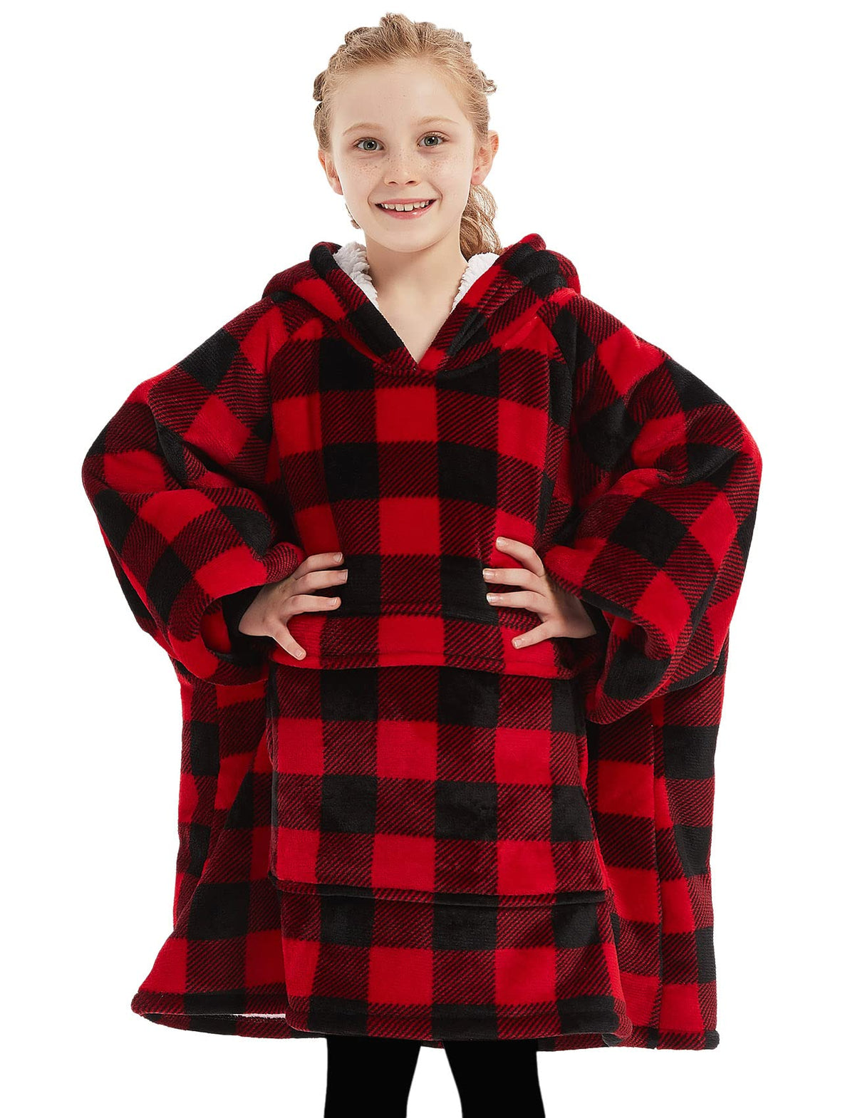 KFUBUO plaid wearable blanket hoodie front view shows cozy fit and stylish look