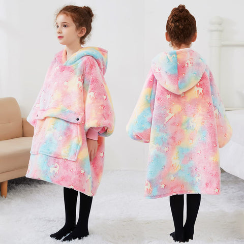 KFUBUO child wearing blanket hoodie for scale showing age-appropriate fit