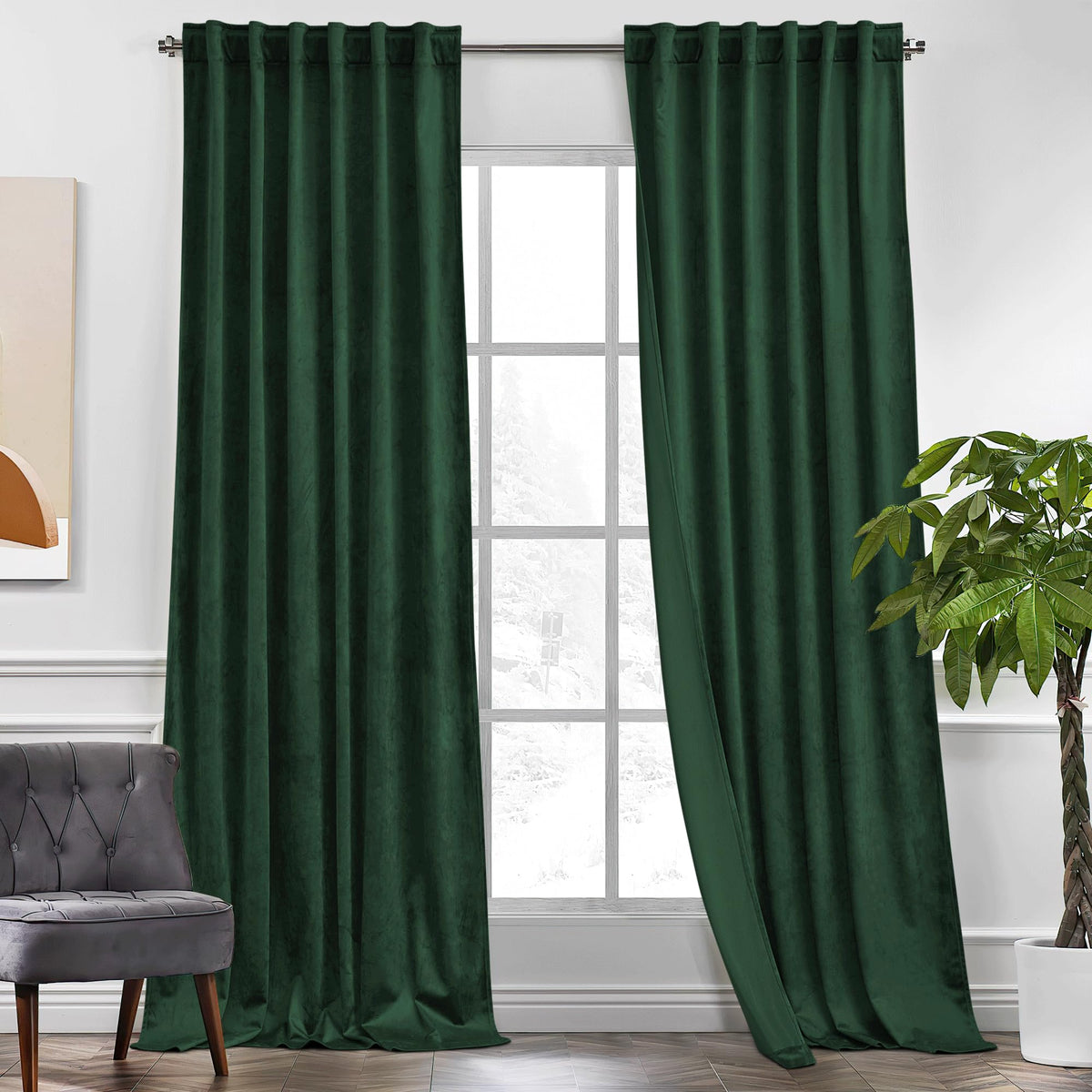KGORGE front view dark green velvet curtains showing full panel and luxury look