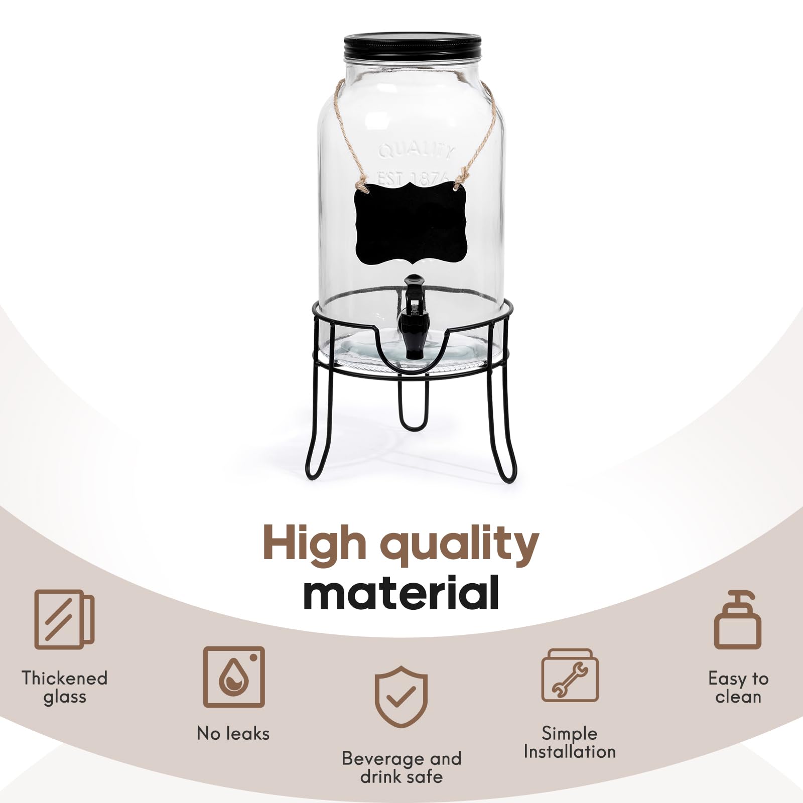 Khlotiko dispenser on wooden stand beside a glass for scale and ergonomic height benefit