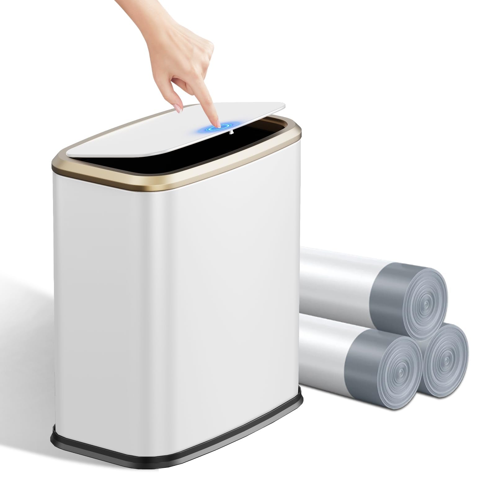KHMMGK front view of white press top trash can shows space saving