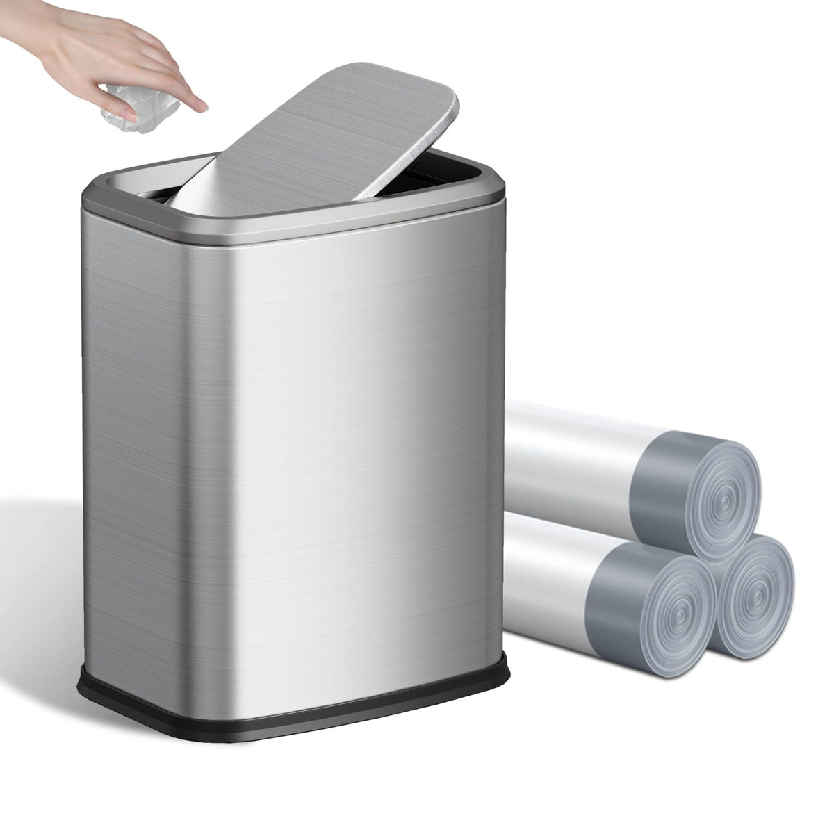 KHMMGK front view of slim rectangular trash can shows compact space-saving design