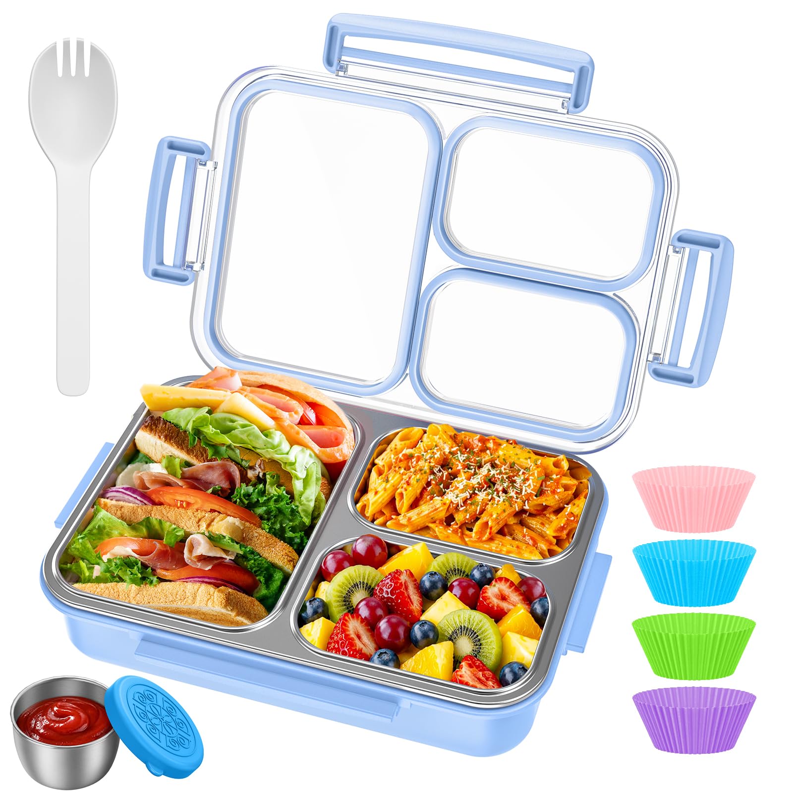 KHOXU front view of blue bento showing sleek stainless lid and clips for secure storage