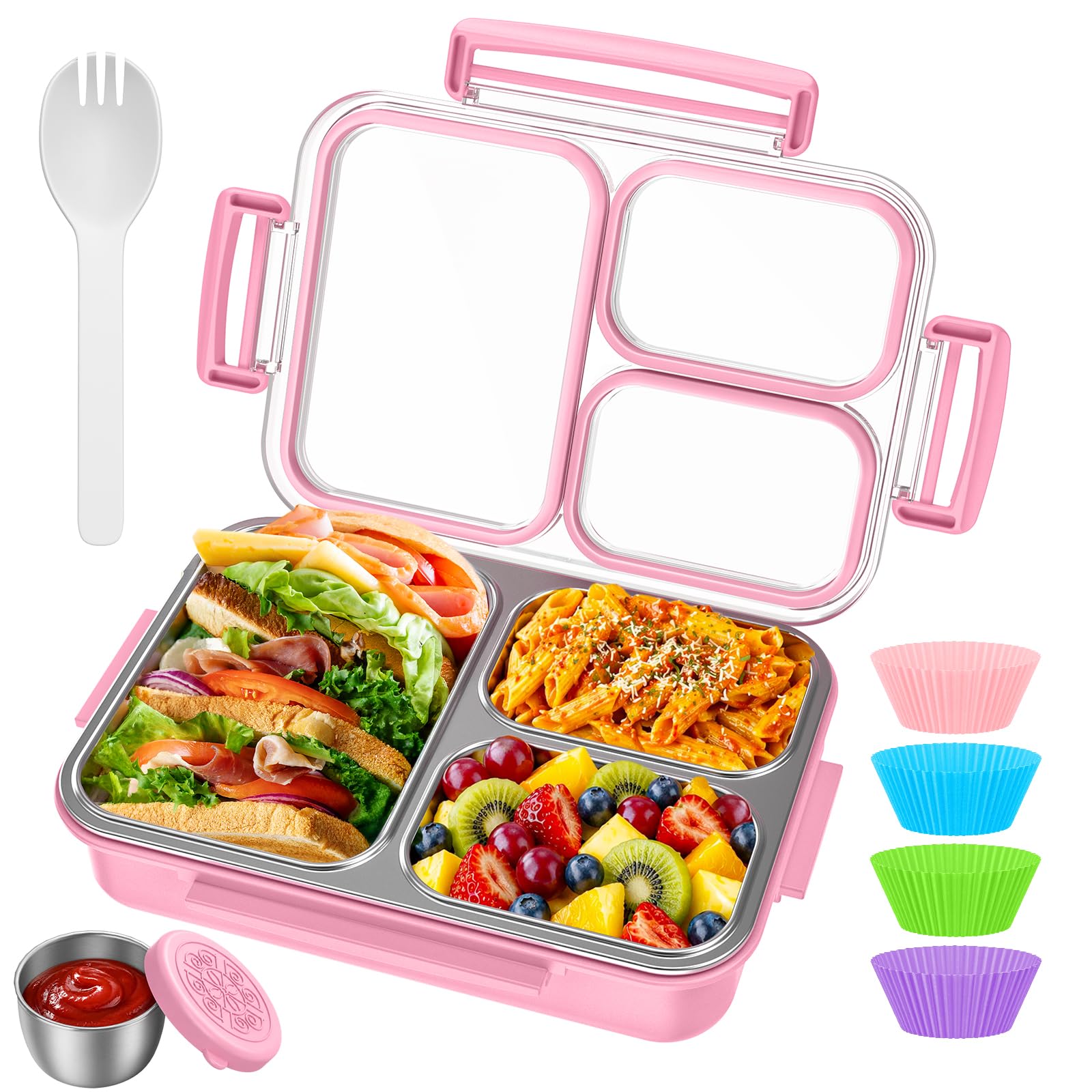 KHOXU front view of pink stainless steel lunchbox showing compact design and durability