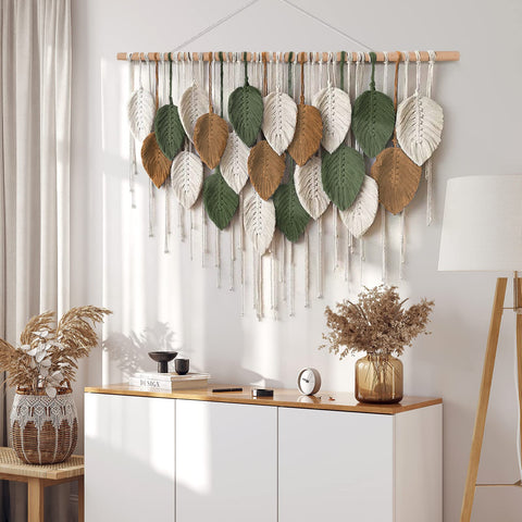 KHOYIME macrame hung above sofa adding warm texture to living room