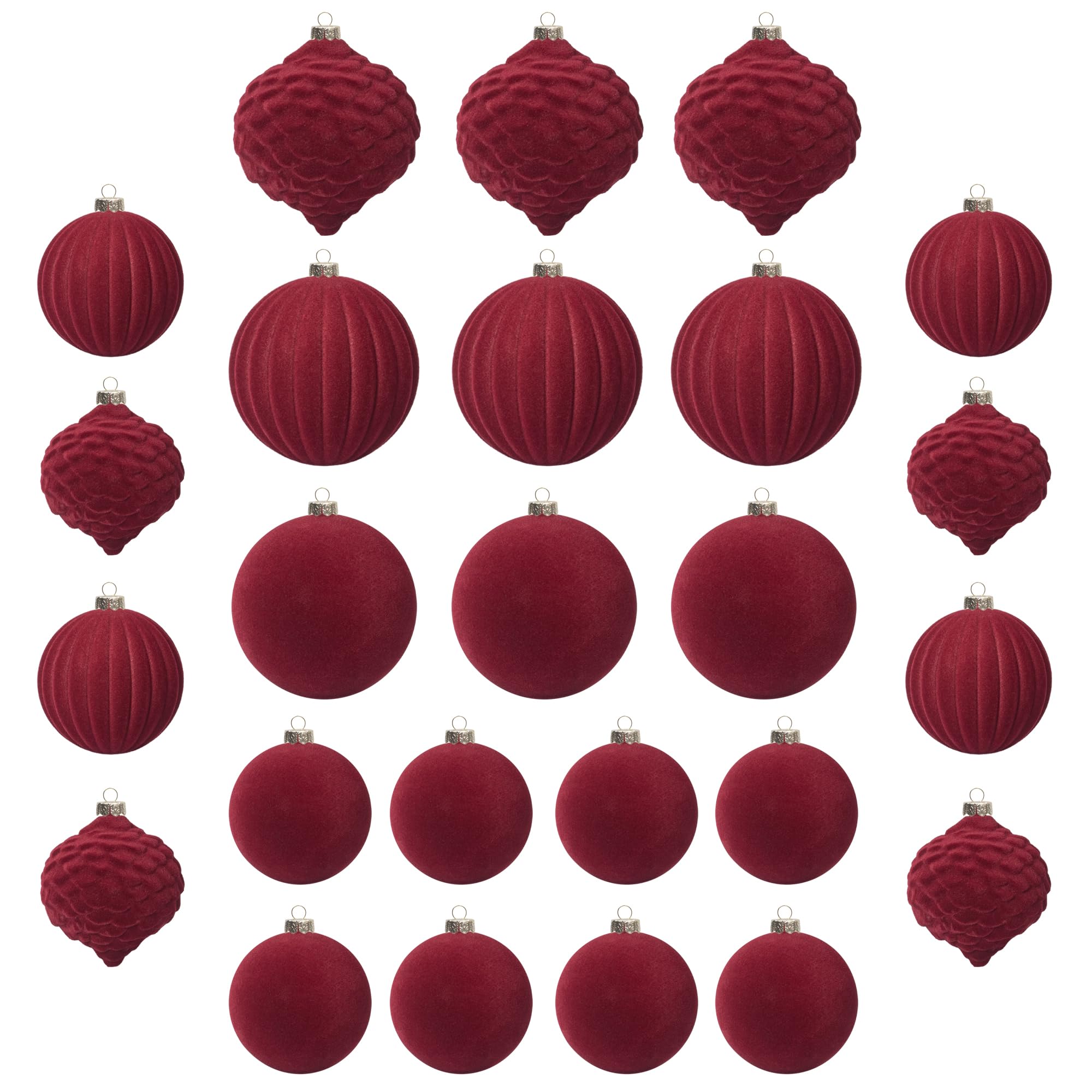 KI Store front packaging showing 25 velvet burgundy ornaments and set benefit