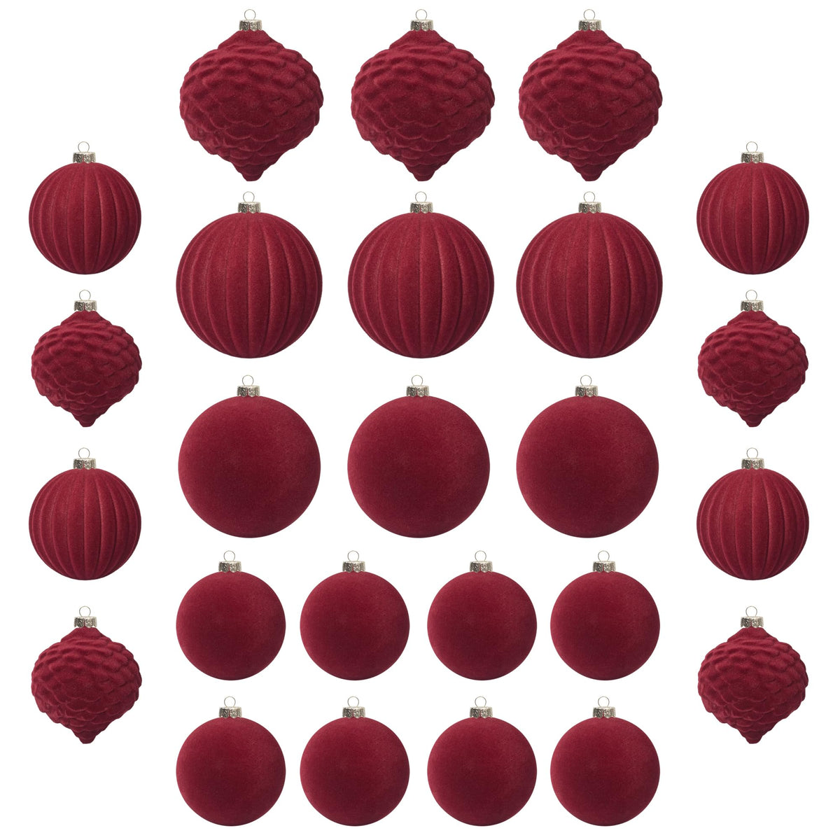 KI Store front packaging showing 25 velvet burgundy ornaments and set benefit